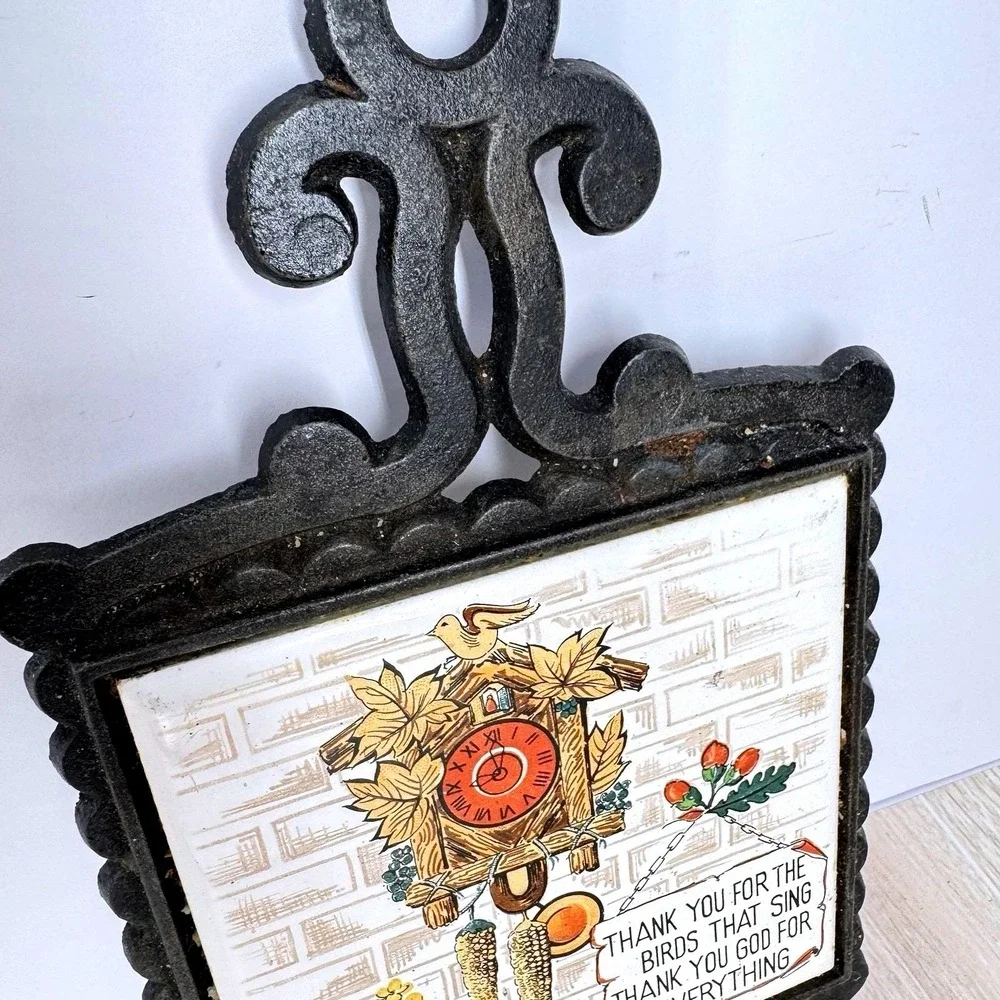 Vintage Cast‎ Iron Trivet Wall Hanging Tile Thank You For Everything Birds